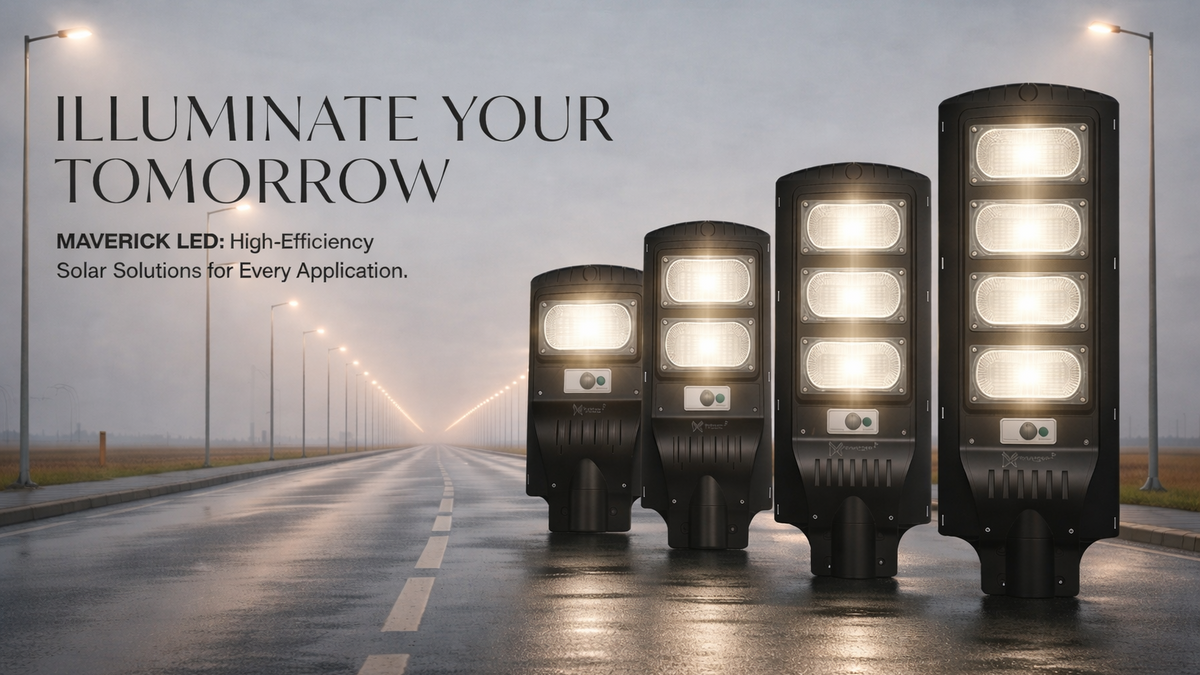 Solar street lights on a road with 'Illuminate Your Tomorrow' text and Maverick LED branding.